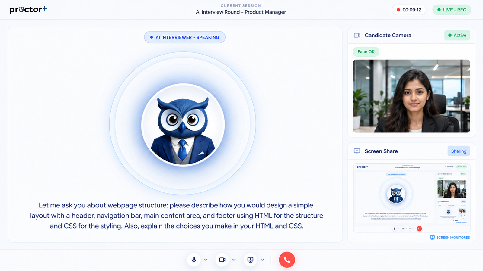 ProctorPlus AI interview dashboard with an AI interviewer, candidate camera, and screen sharing panel