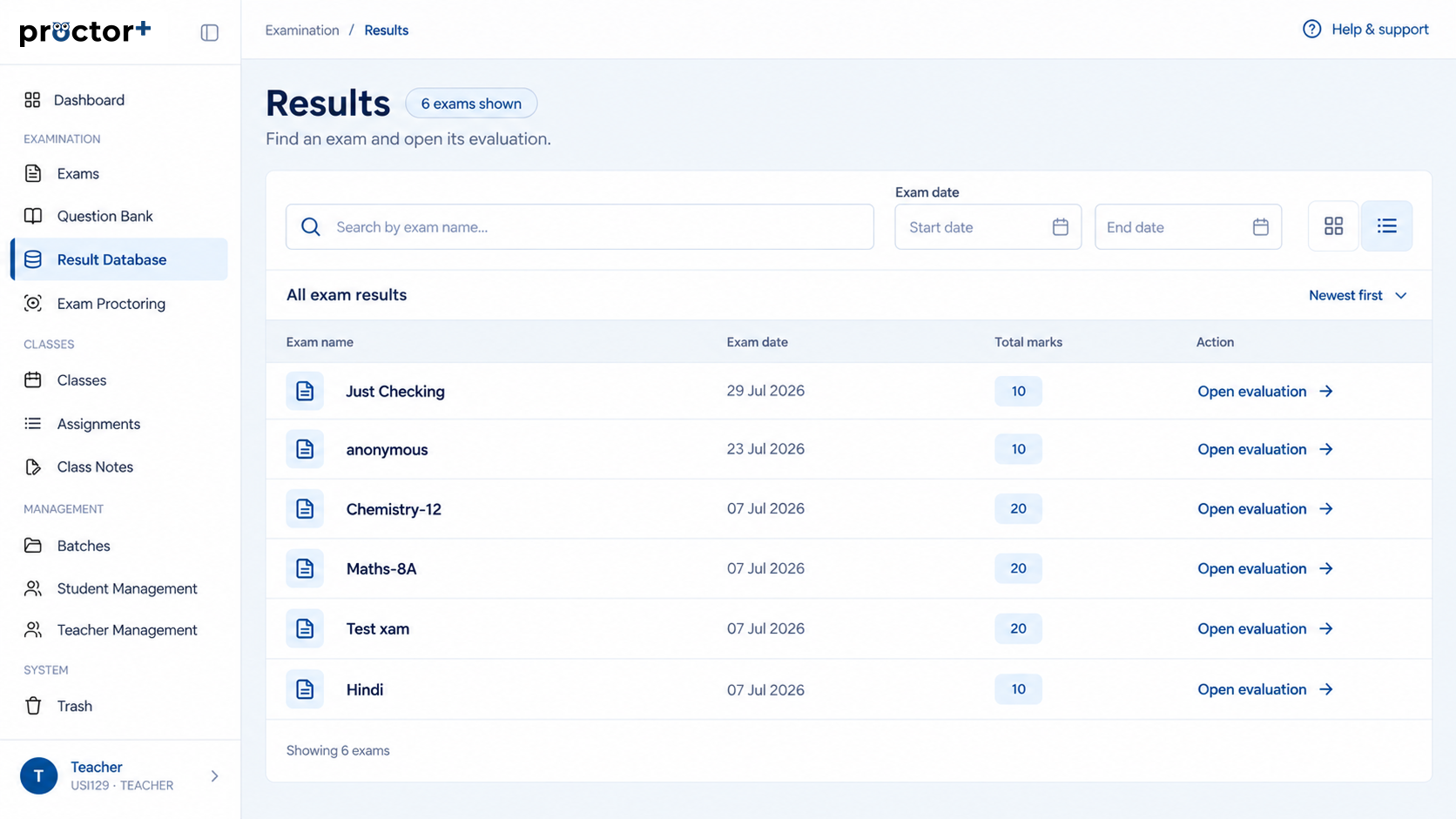 ProctorPlus results dashboard showing exam names, dates, total marks, and evaluation links