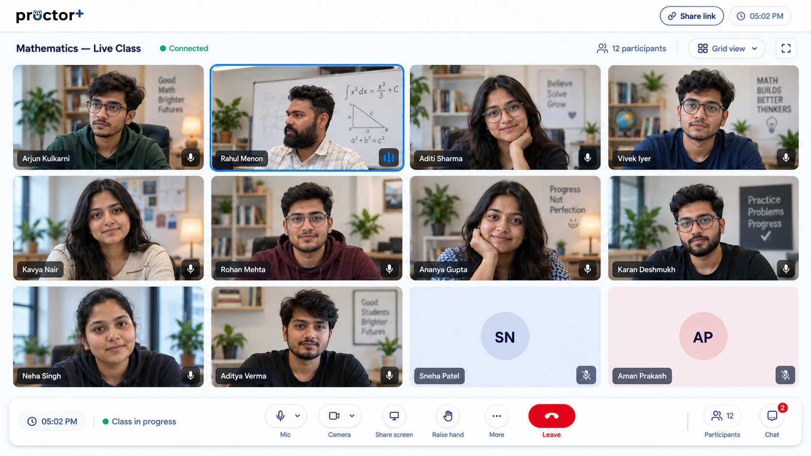 ProctorPlus live classroom with participant video tiles, screen sharing, and class controls