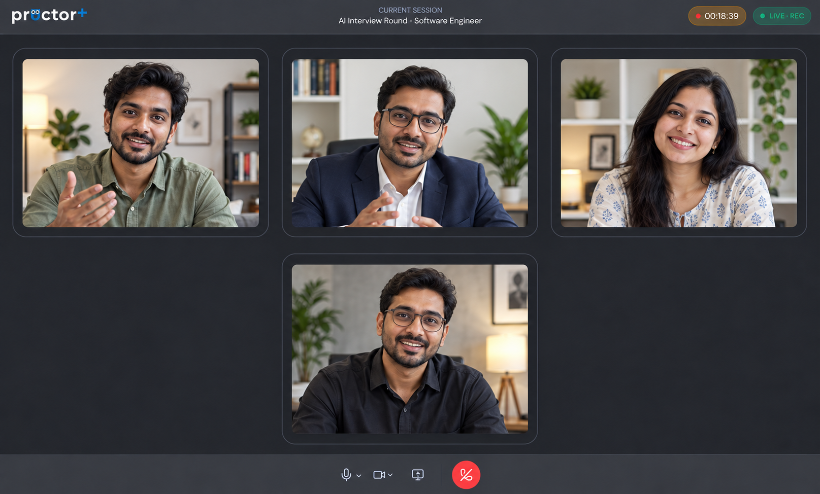 ProctorPlus live interview room with four participant video tiles and call controls