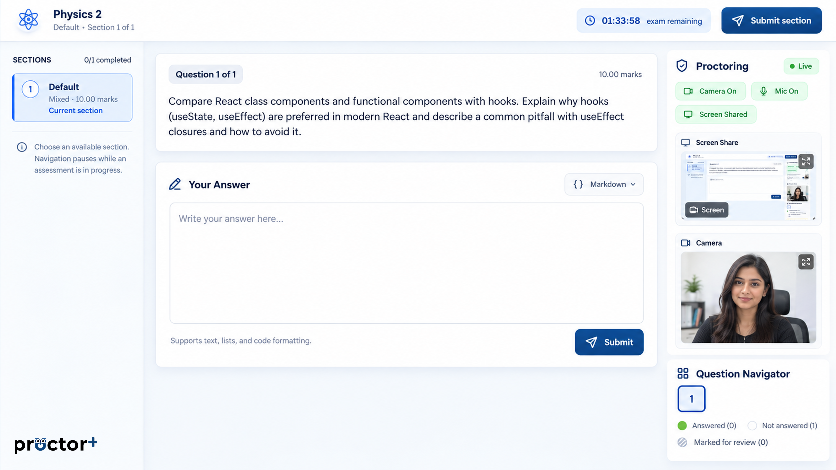 ProctorPlus online exam workspace with a question, answer editor, camera, and proctoring controls