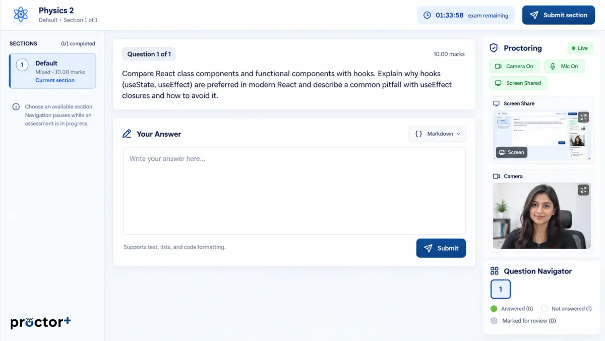ProctorPlus online exam workspace with question response and proctoring controls