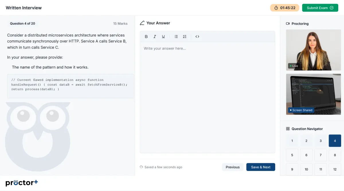 ProctorPlus written assessment interface