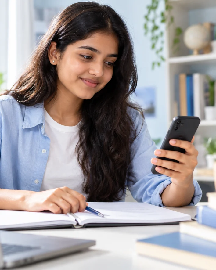 School student using her phone alongside an open notebook